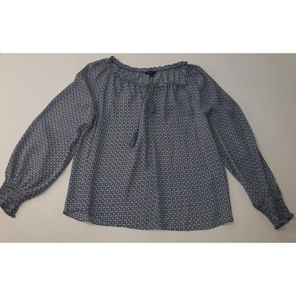 Max Edition Women Blouse Blue White Geometric Long Sleeve Peasant Top Size Small - Picture 13 of 14